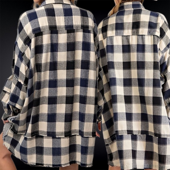 EASEL "Picnic Flannel" Oversize Cotton Shirt Dress Wide Sleeve Pockets Raw Seams - Picture 11 of 15